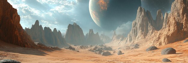 Photo alien planet landscape with majestic mountains and a glowing moon an alien landscape with tow