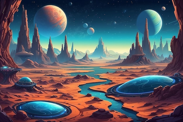 Photo an alien planet outer space landscape cartoon science fiction futuristic fantasy video game background seamlessly tilable horizontal tile pattern