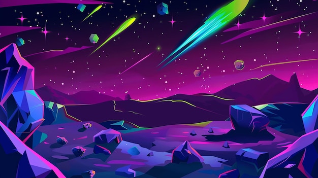 Alien planet surface with neon color stones cartoon illustration