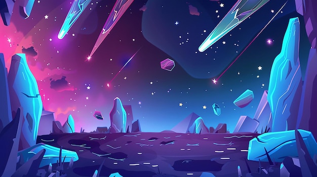 Alien planet surface with neon color stones cartoon illustration