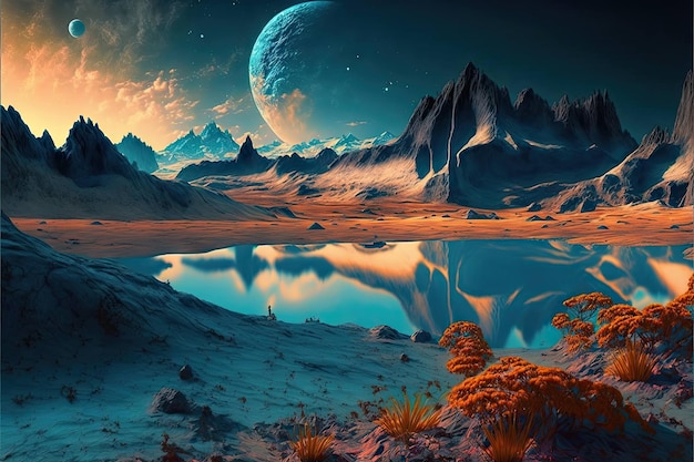 Alien planet with earth and moon on sky lake and mountains landscape created with generative ai