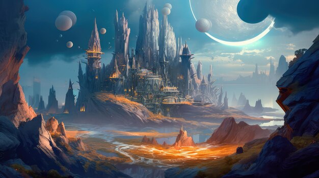 Alien planet with fantastic landscapes and enchanted castles Generative AI