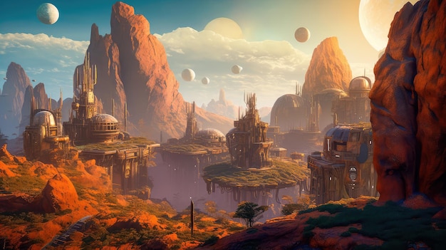 Alien planet with fantastic landscapes and enchanted castles Generative AI