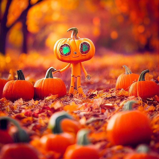 The alien in a pumpkin patch during autumn digital illustration