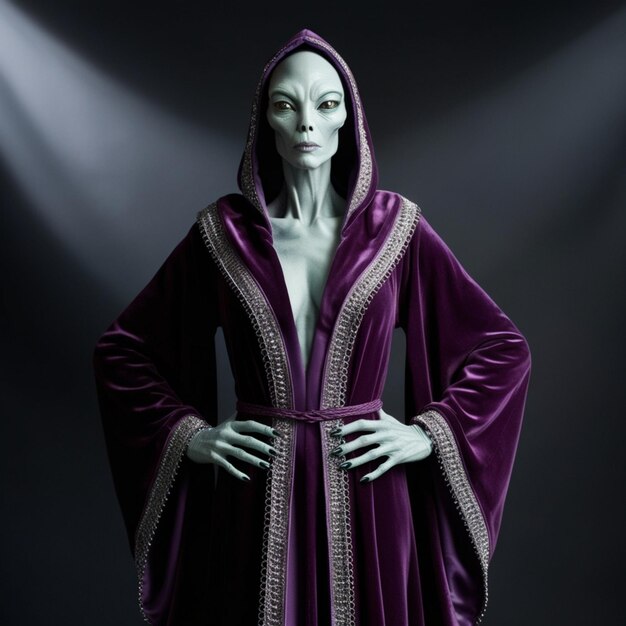 Alien in Purple Hooded Robe Standing with Hands on Hips456 24