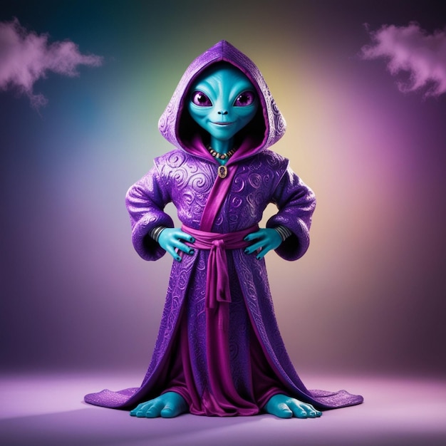 Photo alien in purple hooded robe standing with hands on hips456 30