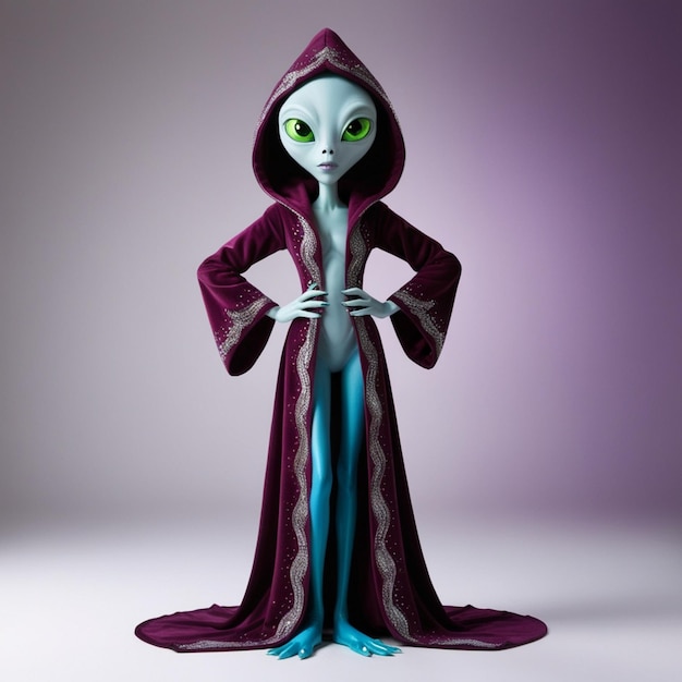 Alien in Purple Hooded Robe Standing with Hands on Hips456 61