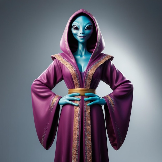 Alien in Purple Hooded Robe Standing with Hands on Hips456 71