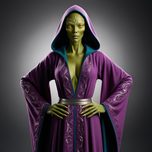 Alien in Purple Hooded Robe Standing with Hands on Hips