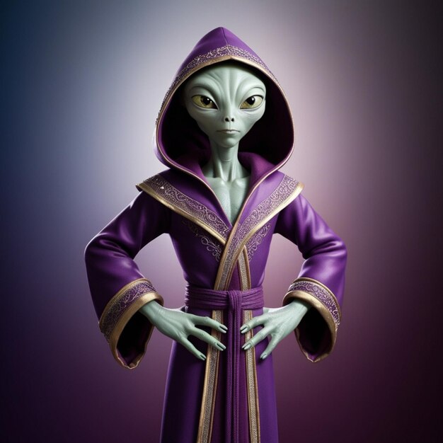 Alien in Purple Hooded Robe Standing with Hands on Hips