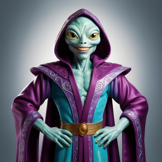 Alien in Purple Hooded Robe Standing with Hands on Hips