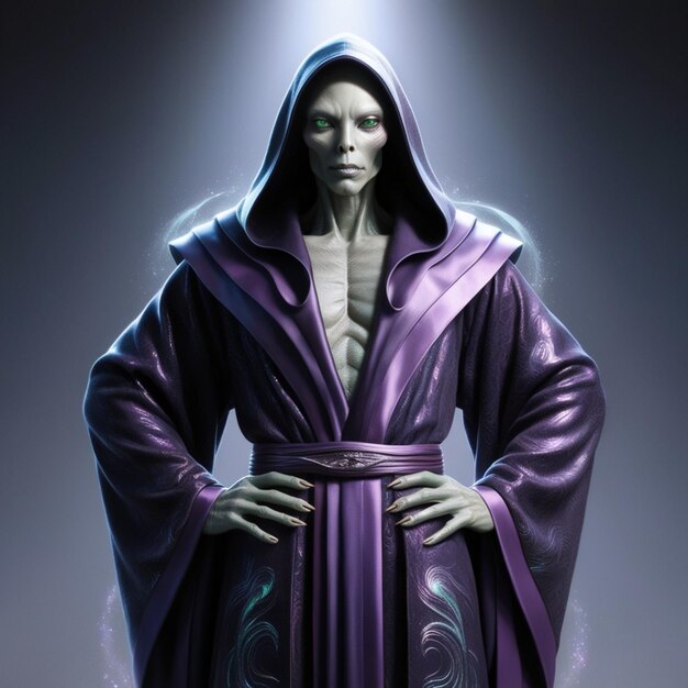 Alien in Purple Hooded Robe Standing with Hands on Hips