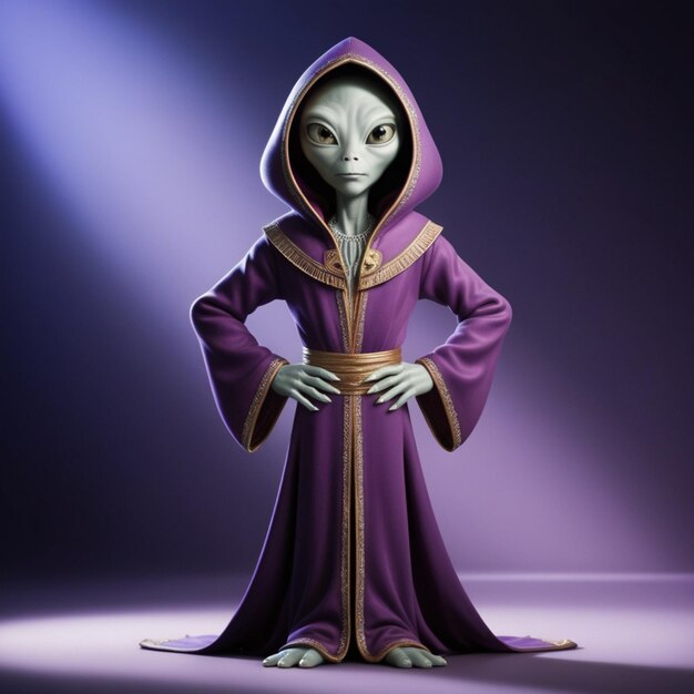 Alien in Purple Hooded Robe Standing with Hands on Hips