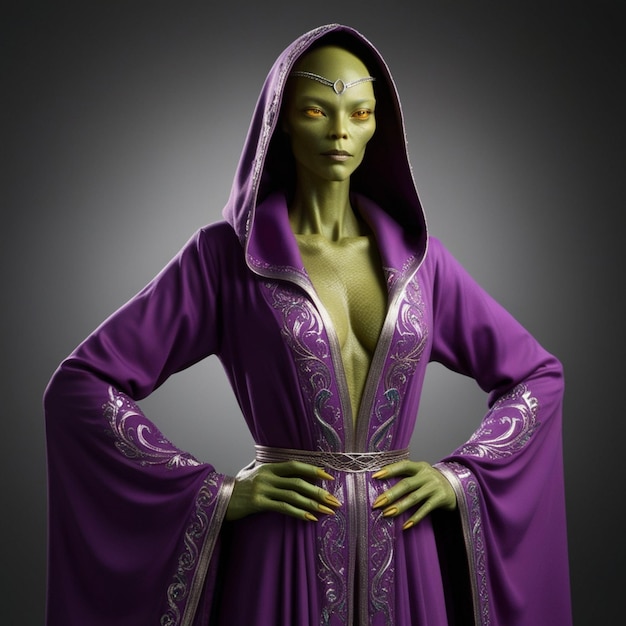 Alien in Purple Hooded Robe Standing with Hands on Hips