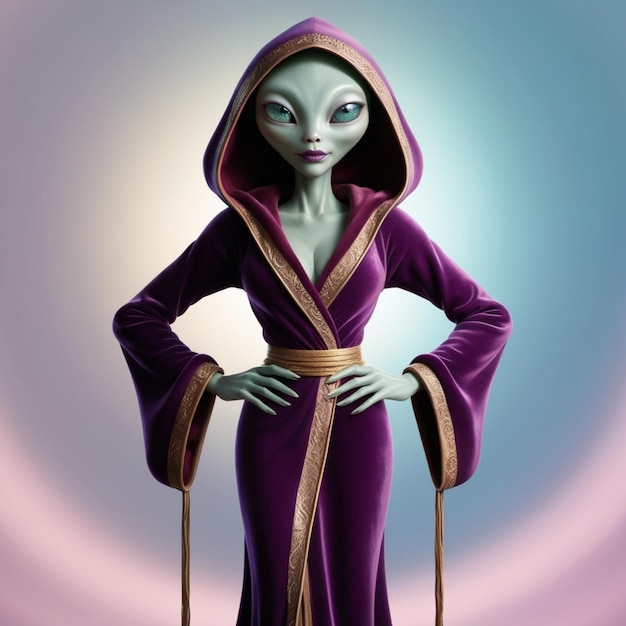 Alien in Purple Hooded Robe Standing with Hands on Hips