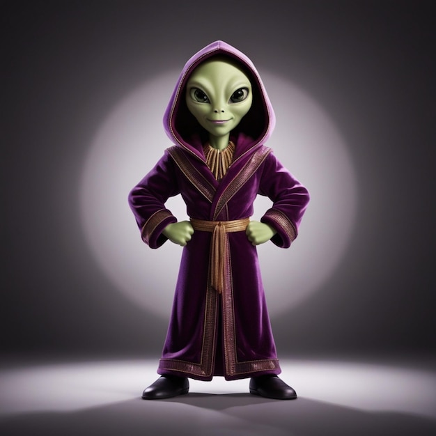 Alien in Purple Hooded Robe Standing with Hands on Hips