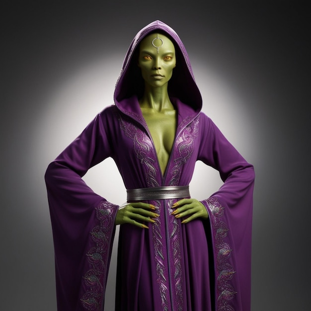 Alien in Purple Hooded Robe Standing with Hands on Hips