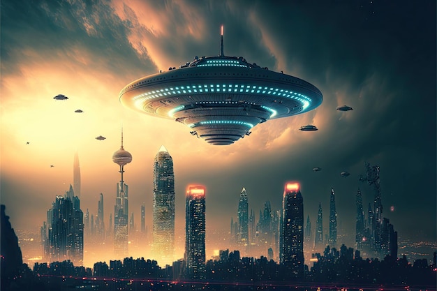 Alien race invasion on ufo ship created with generative ai