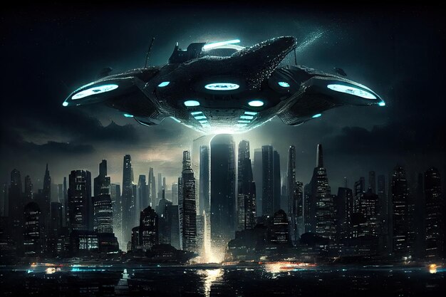 Alien ship hovering over major city with its lights shining on the buildings below