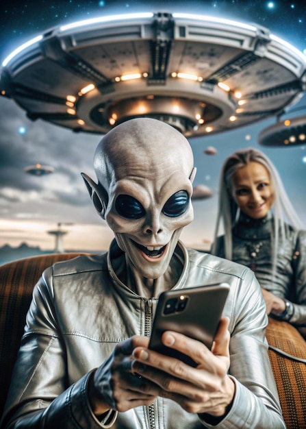 The alien smiles and looks at the smartphone space