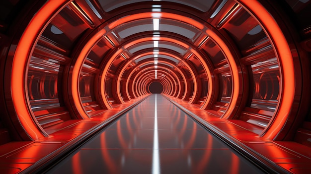 Alien Spaceship Sci Fi Futuristic Modern Metal Panels Detailed Tunnel Corridor Glossy Dark White Red Led Vibrant Lights Stage Showroom