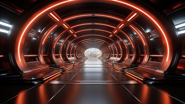 Alien Spaceship Sci Fi Futuristic Modern Metal Panels Detailed Tunnel Corridor Glossy Dark White Red Led Vibrant Lights Stage Showroom