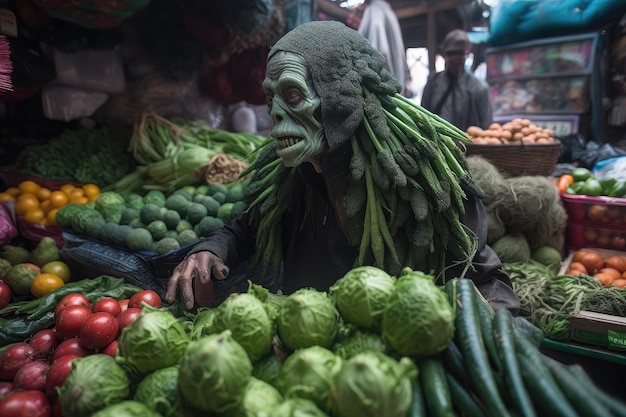 Alien trying out variety of unusual fruits and vegetables at market created with generative ai