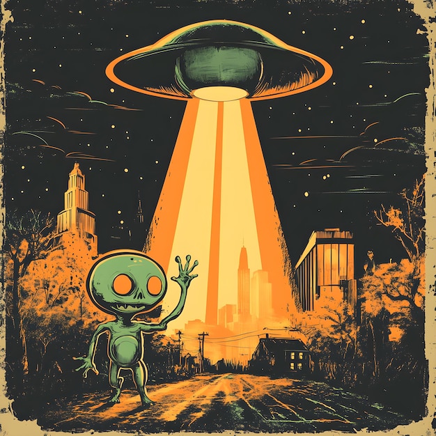 Photo alien and ufo flying over the city vector illustration in retro style