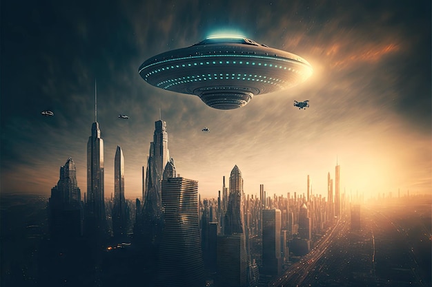 Alien ufo ship in futuristic city landscape created with generative ai