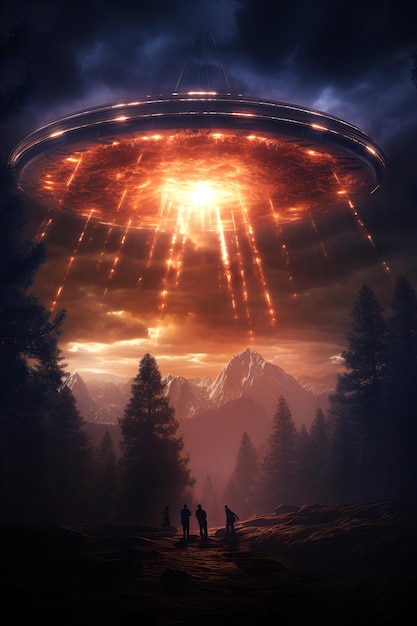 An alien UFO spaceship hovering over the forest area at night with astonished people gazing up at the mysterious craft