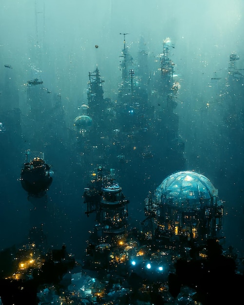 Alien Underwater Base in Sea Abyss SciFi 3D Digital Art Illustration