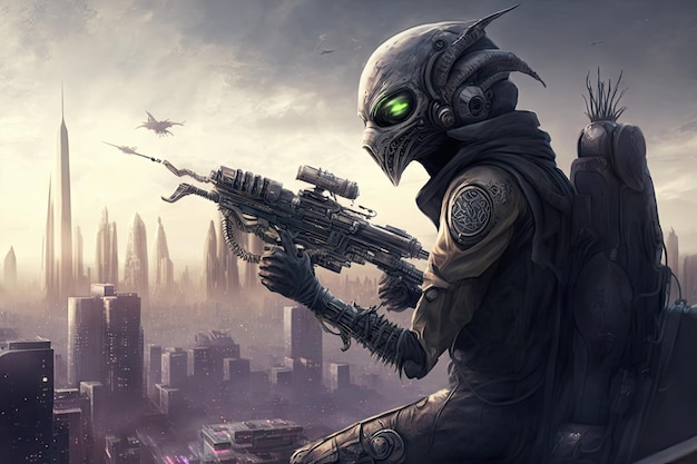 Alien with blaster in hand standing on rooftop of futuristic cityscape