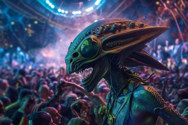 Photo a alien with a large head stands in front of a crowd.