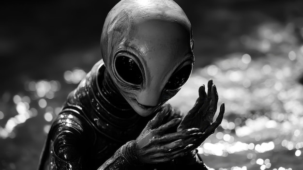 Photo a alien with a mask on his face is wearing a mask