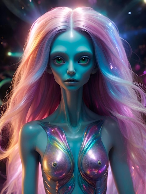 An alien with shimmering colorful long hair that seems to defy gravity Describe their playful body