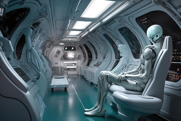 Alien worker traveling to job site aboard futuristic transport vessel created with generative ai