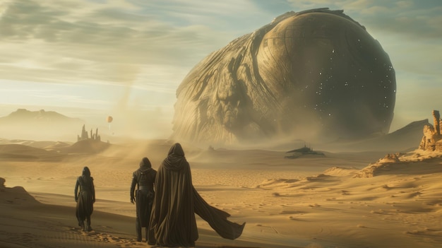 Photo alien world background movie dune exo planet men in black in desert epic scene by midjourney 6