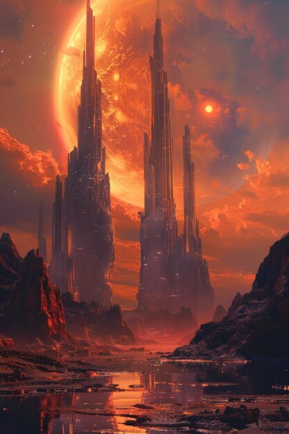 Alien World Panorama Futuristic Architecture Amidst Exotic Terrains Under a DualSun Sky