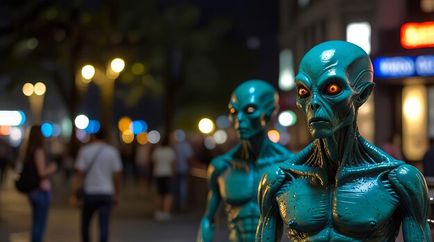 Photo aliens with glowing eyes in an urban area among people extraterrestrial beings blending into the city at night concept of alien presence urban environment science fiction nightlife invasion