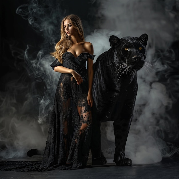 Photo all black fashion shoot glamorous woman with panther in a smoky scene