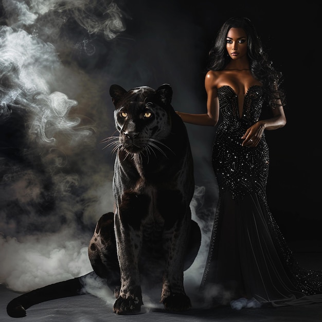 Photo all black fashion shoot glamorous woman with panther in a smoky scene