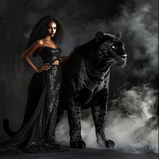 Photo all black fashion shoot glamorous woman with panther in a smoky scene