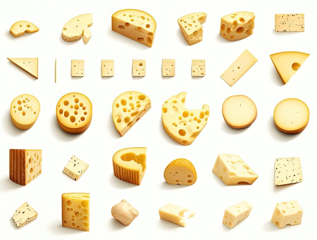 Photo all cheeses pieces and holes on white background