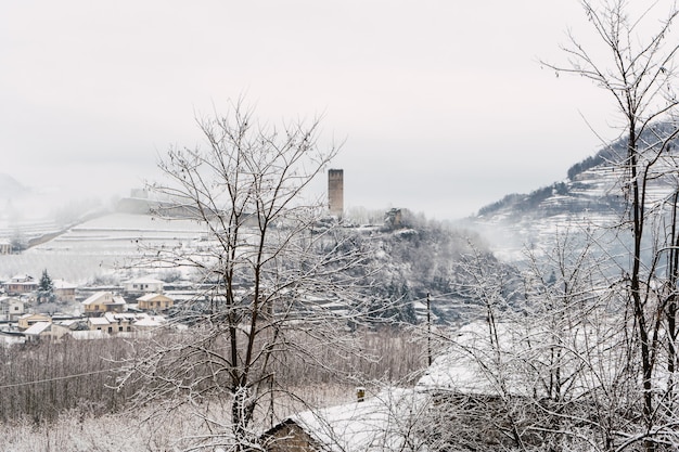 All-white landscape covered by snow and fog in northern Italy.