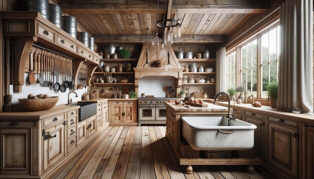 An all wooden rustic kitchen with sink stove and wood cabinets