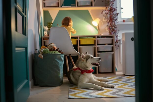 Allergy Child pet dog and air purifier in children's room