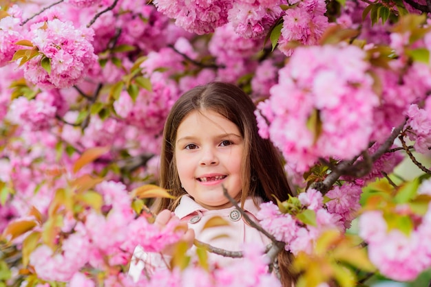 Allergy remedy Child enjoy life without allergy Sniffing flowers Get rid of seasonal allergy Girl enjoying floral aroma Pollen allergy concept Kid on pink flowers sakura tree background