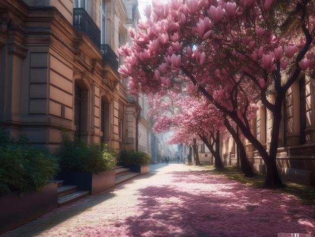 Alley of lushly blooming pink magnolias