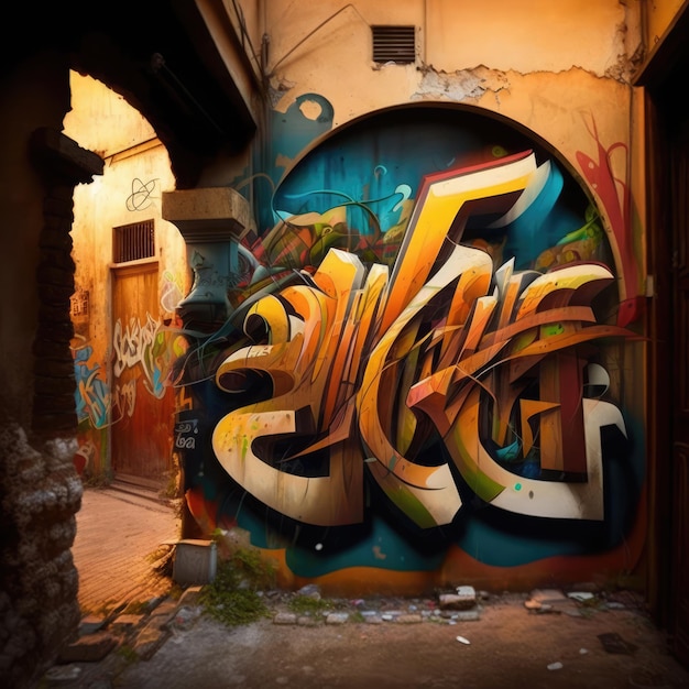 Alley with wall covered in colorful graffiti created using generative ai technology