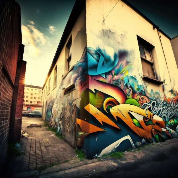 Alley with walls covered in colorful graffiti created using generative ai technology